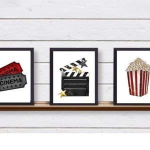 Set of 3 Family Movie Night UNFRAMED Wall Art Prints for Game Room Movie Room